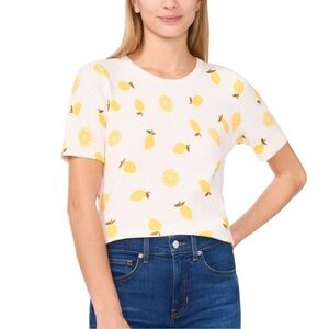 CECE Lemon Print Short Sleeve Sweater